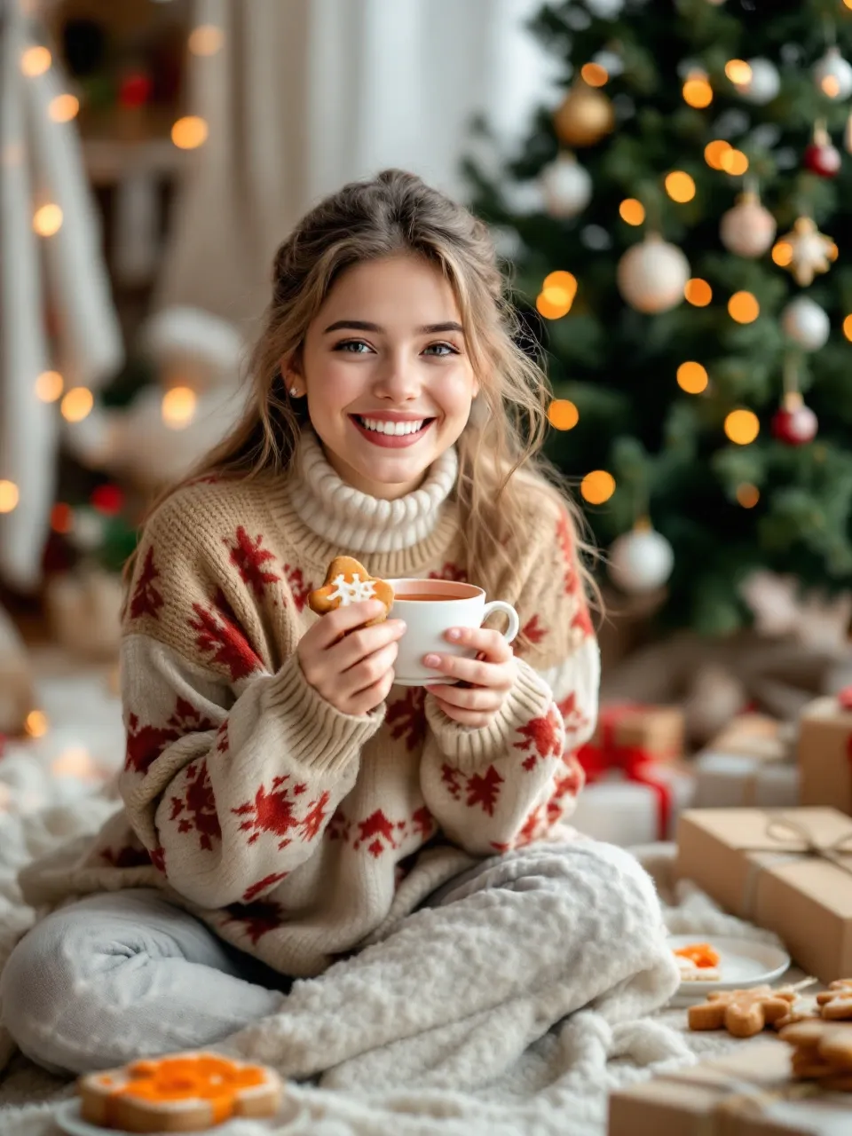 A young woman in a festive sweater sitting near a Christmas tree, enjoying a cup of tea and eating homemade Lithuanian gingerbread cookies with orange icing.