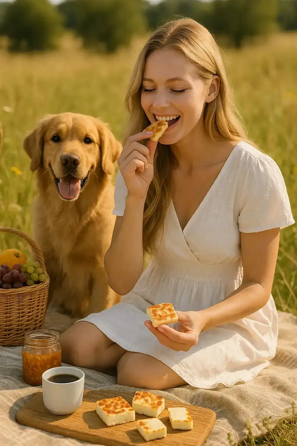 Young woman enjoying Finnish Squeaky Cheese (Leipäjuusto) at a summer picnic with her dog in a sunny field.