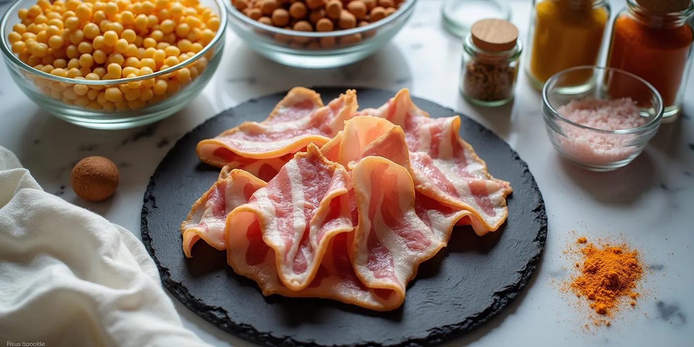 On a beautiful kitchen table there are products for cooking pea porridge with bacon: a bowl with dry peas, slices of bacon lie on a plate next to it, and there are spices and salt