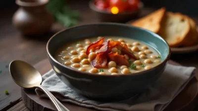 A traditional Latvian dish of grey peas with bacon and onions served in a rustic bowl with rye bread on the side.