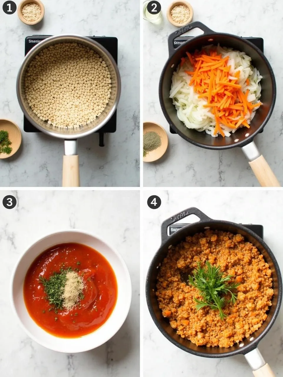 Step-by-step process of preparing a traditional Lithuanian buckwheat side dish with vegetables, including cooking buckwheat, sautéing vegetables, making tomato sauce, and combining ingredients.