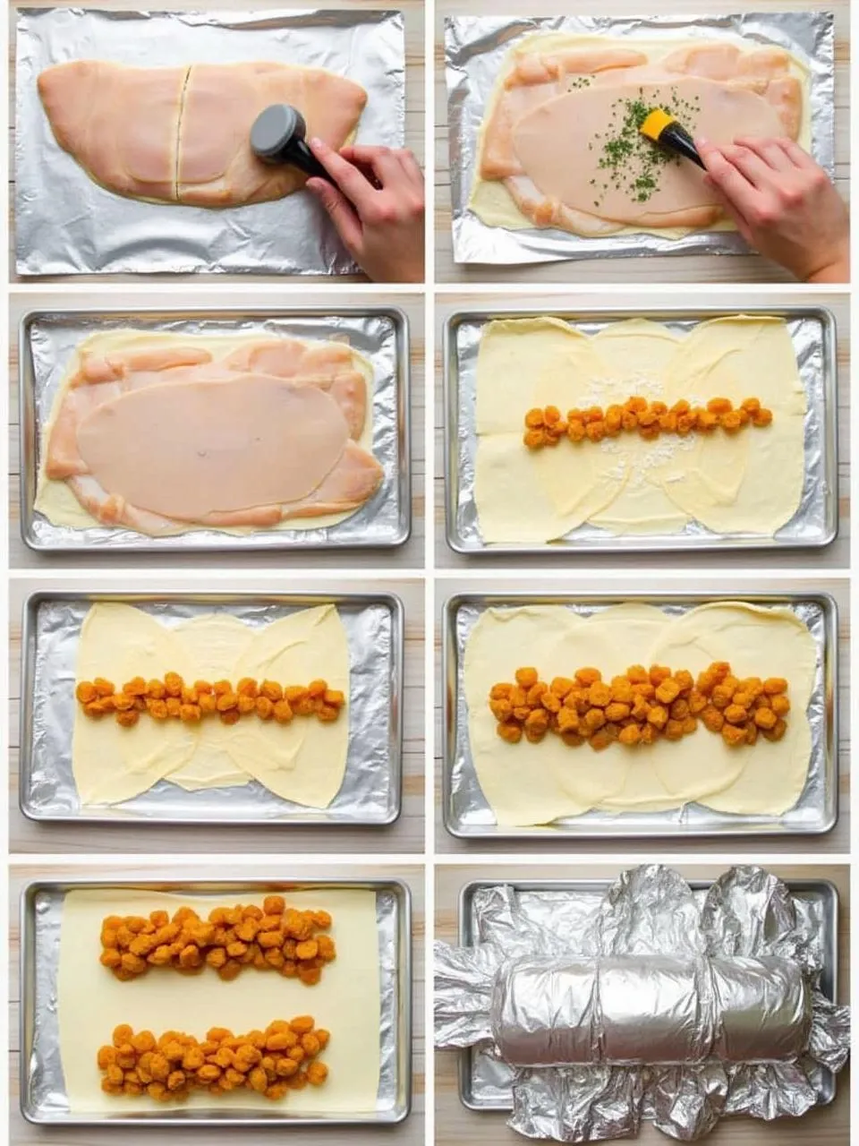 Step-by-step visuals of preparing a traditional Lithuanian chicken roulade with apricots, showing the process from stuffing to rolling and baking.