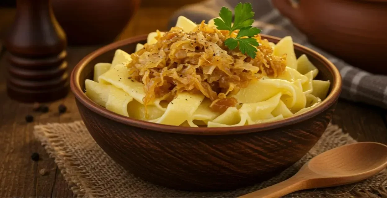 Traditional Hungarian dish called Káposztás tészta, served in a rustic ceramic bowl on a wooden table.
