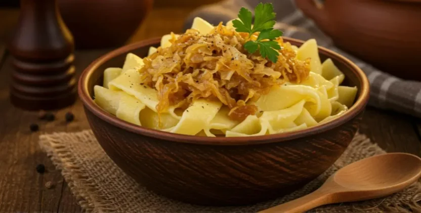 Traditional Hungarian dish called Káposztás tészta, served in a rustic ceramic bowl on a wooden table.