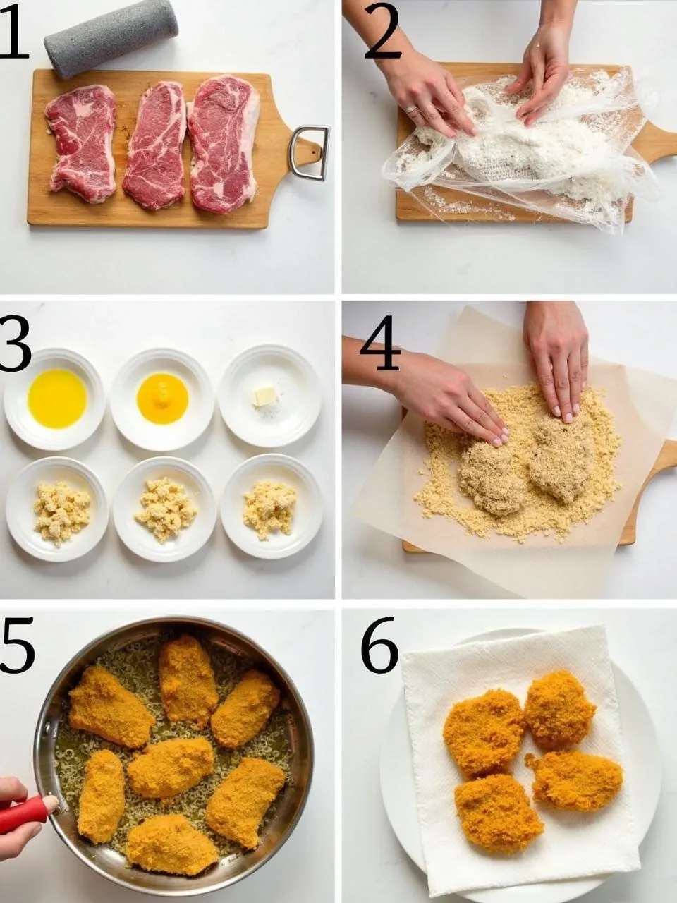 Step-by-step preparation of Lithuanian Karbonadas (breaded pork escalopes), from tenderizing to frying.