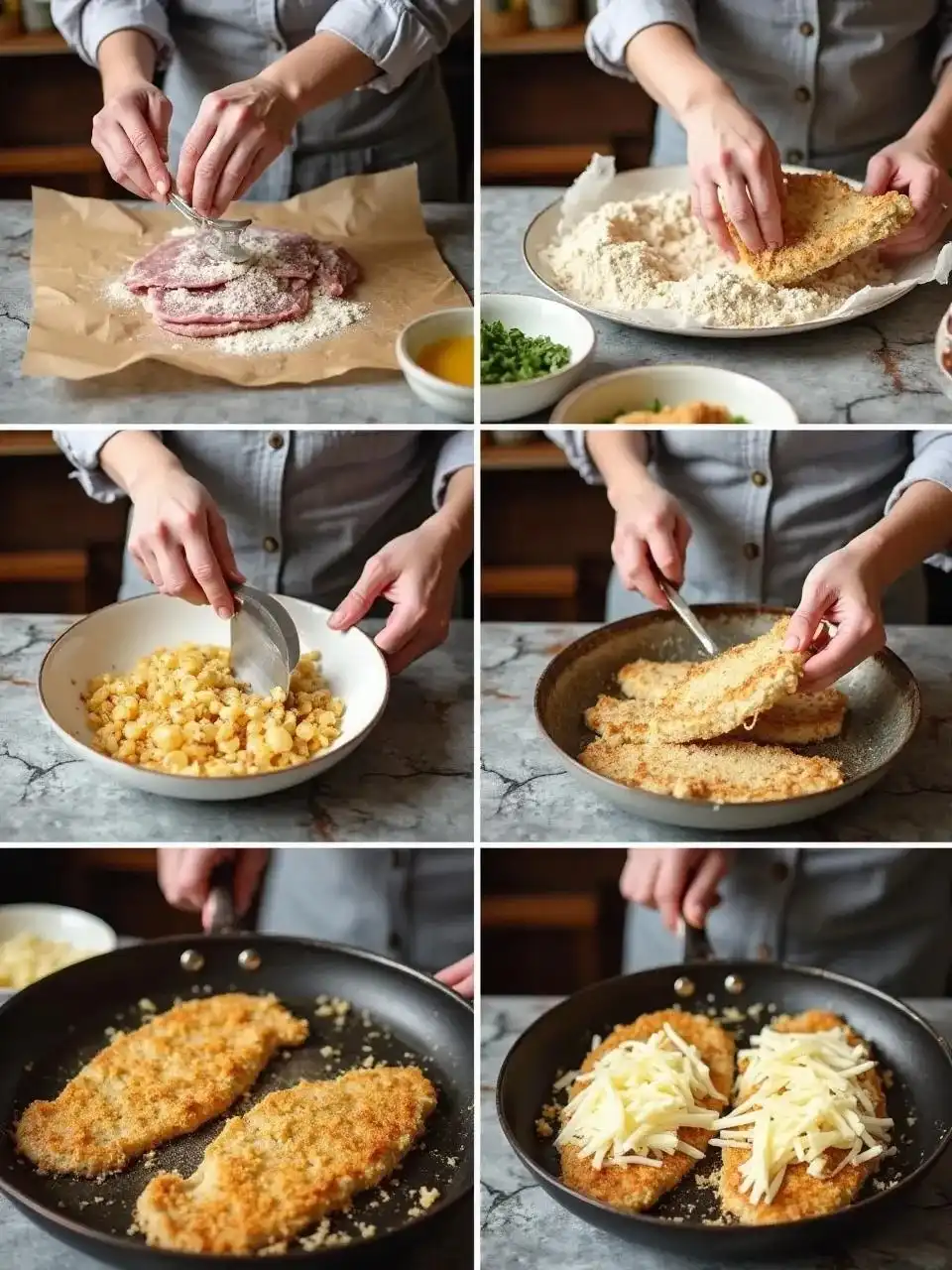 Step-by-step preparation of Lithuanian pork cutlet with cheese and onion showing dredging, frying, topping, and plating