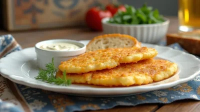 Golden kefir-battered pollock fillets served cold with tartar sauce, rye bread, and green salad on a rustic Lithuanian table.