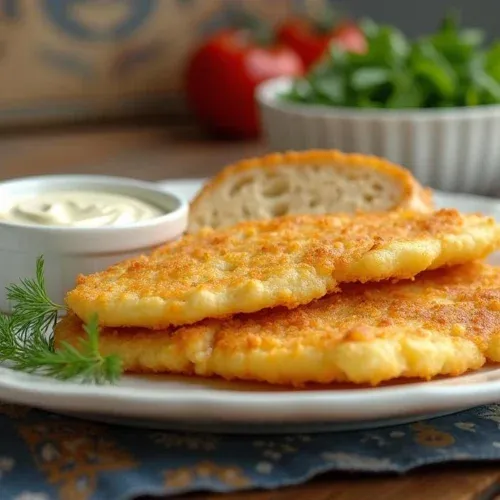 Golden kefir-battered pollock fillets served cold with tartar sauce, rye bread, and green salad on a rustic Lithuanian table.
