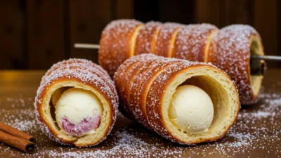 Traditional Hungarian Kürtőskalács — chimney cake with a crispy caramelized crust.