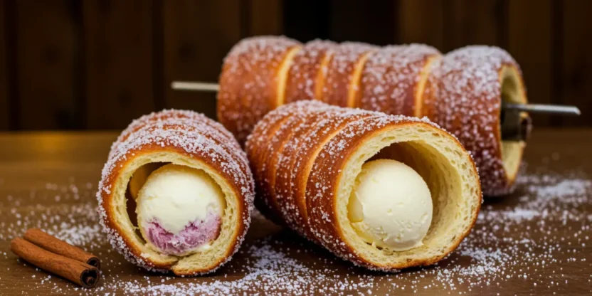 Traditional Hungarian Kürtőskalács — chimney cake with a crispy caramelized crust.