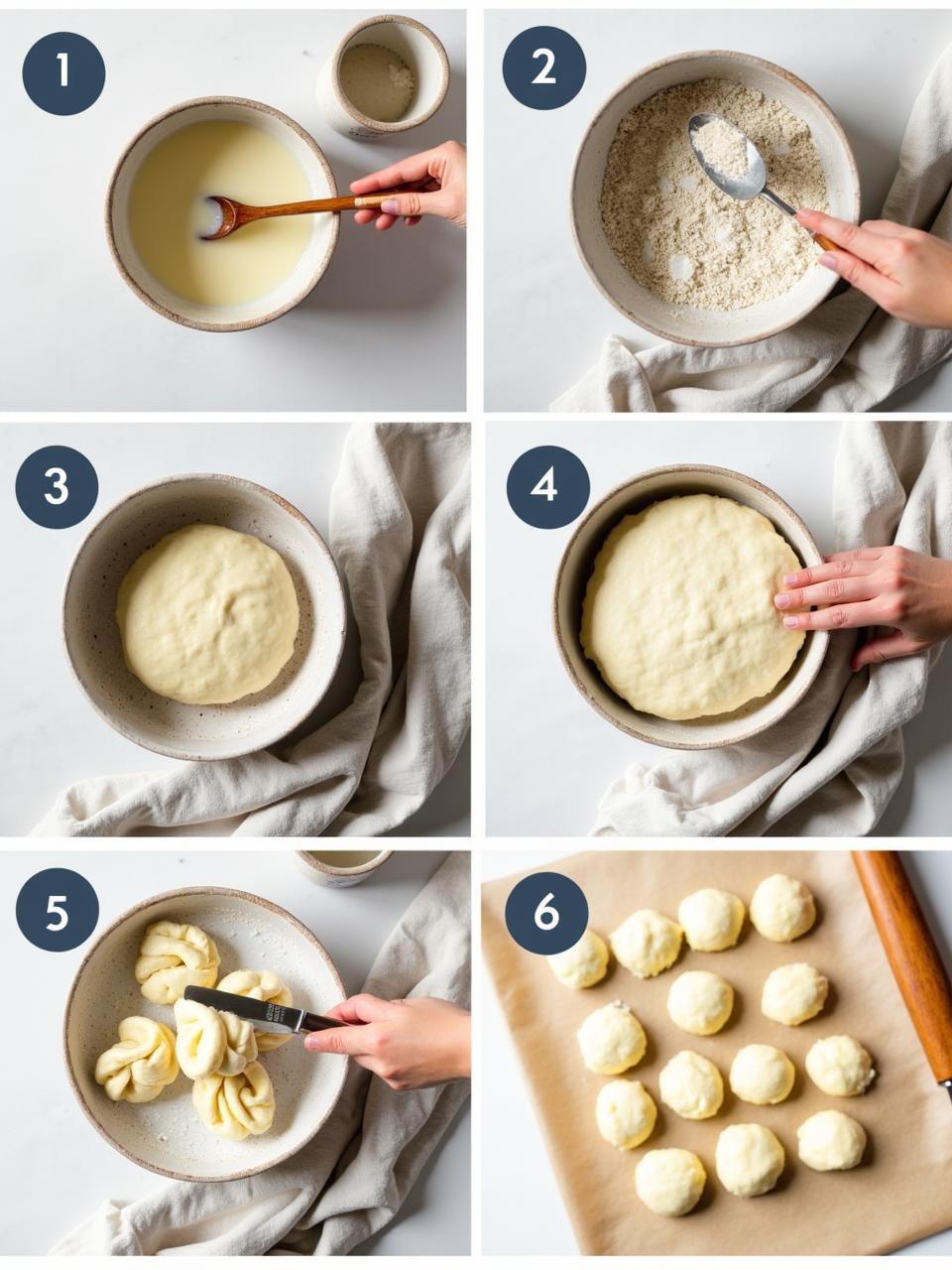 Step-by-step process of making traditional Lithuanian Kūčiukai, from mixing and kneading the dough to shaping and baking the mini Christmas breads.