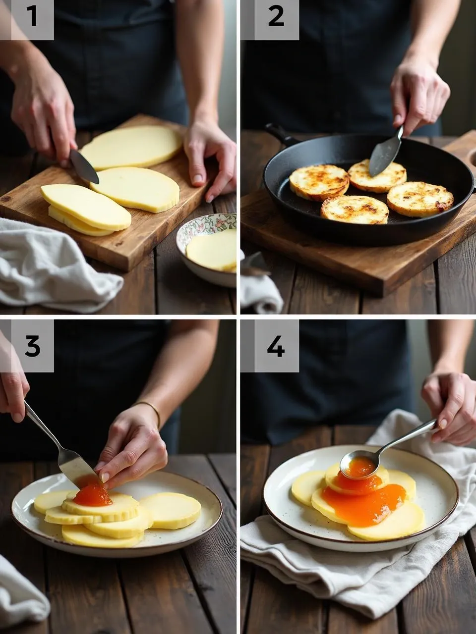 Step-by-step preparation of Finnish leipäjuusto cheese served with cloudberry jam in a rustic Nordic kitchen setting.