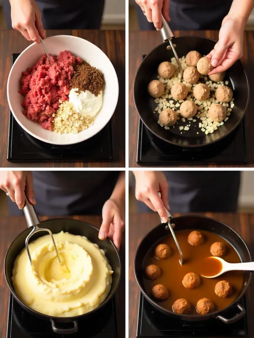 Step-by-step process of making traditional Finnish meatballs (Lihapullat) with mashed potatoes and brown sauce in a cozy Scandinavian kitchen setting.