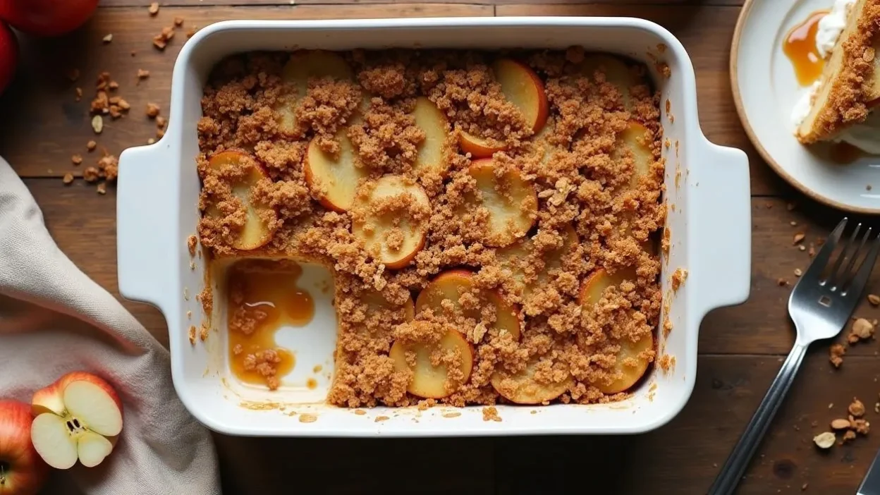 Overhead view of a freshly baked Lithuanian Apple Cheesecake Crumble in a white casserole dish, topped with golden oat-almond crumble and surrounded by sliced apples, a napkin, and caramel drizzle.