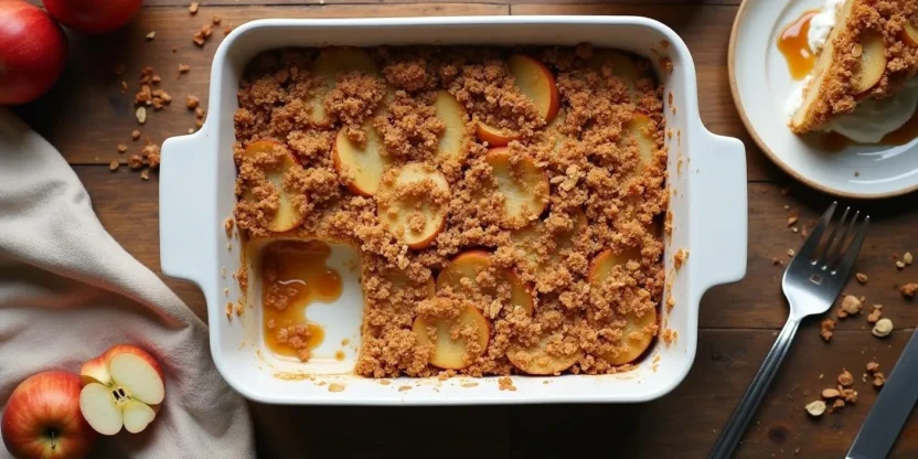 Overhead view of a freshly baked Lithuanian Apple Cheesecake Crumble in a white casserole dish, topped with golden oat-almond crumble and surrounded by sliced apples, a napkin, and caramel drizzle.
