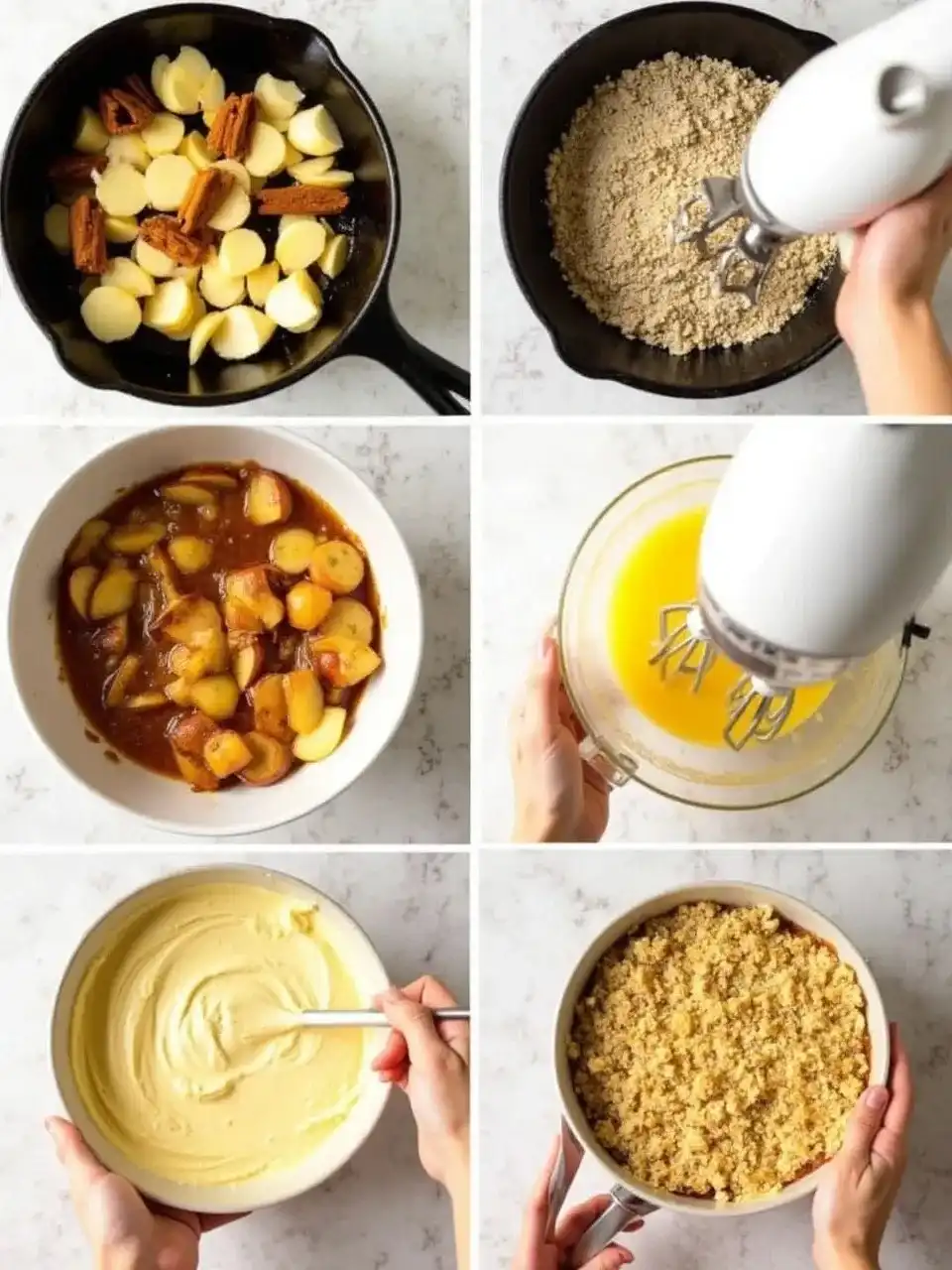 Step-by-step photos showing how to make Lithuanian Apple Cheesecake Crumble, including cooking apples, preparing the crumble, mixing the filling, and layering everything before baking.