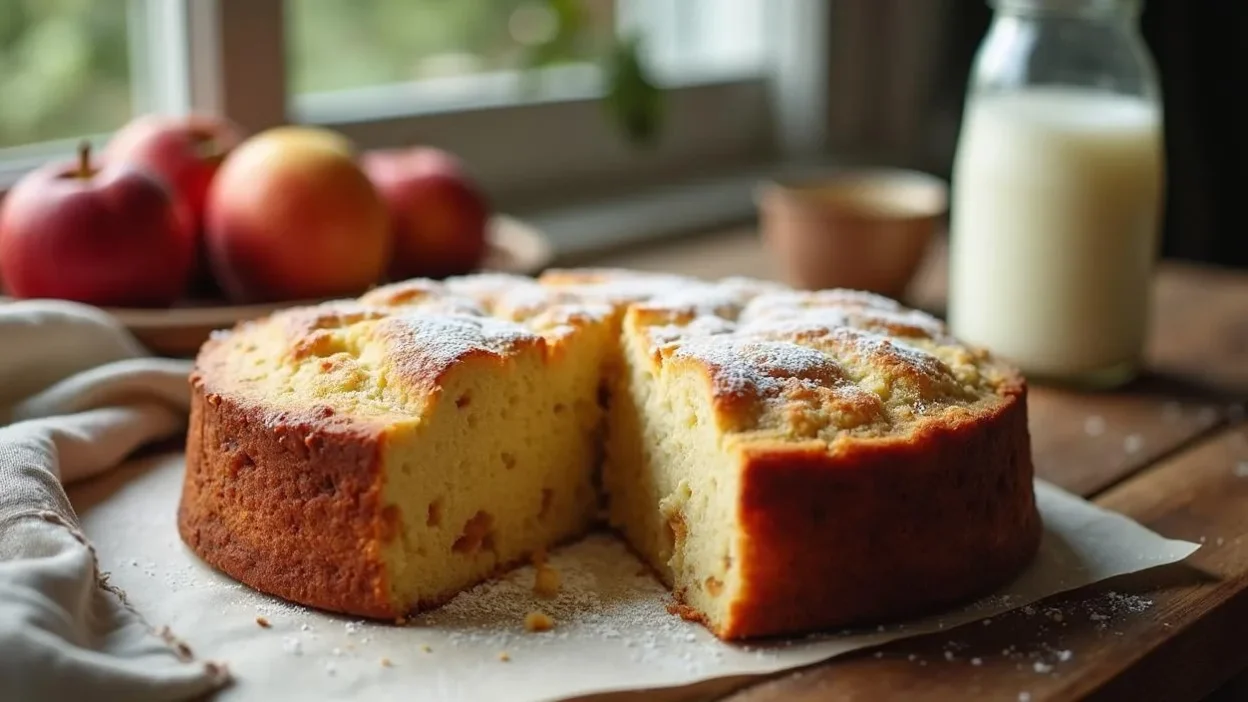 Traditional Lithuanian apple yogurt cake sliced and served on a wooden table with apples and yogurt in the background