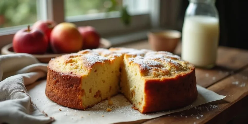 Traditional Lithuanian apple yogurt cake sliced and served on a wooden table with apples and yogurt in the background