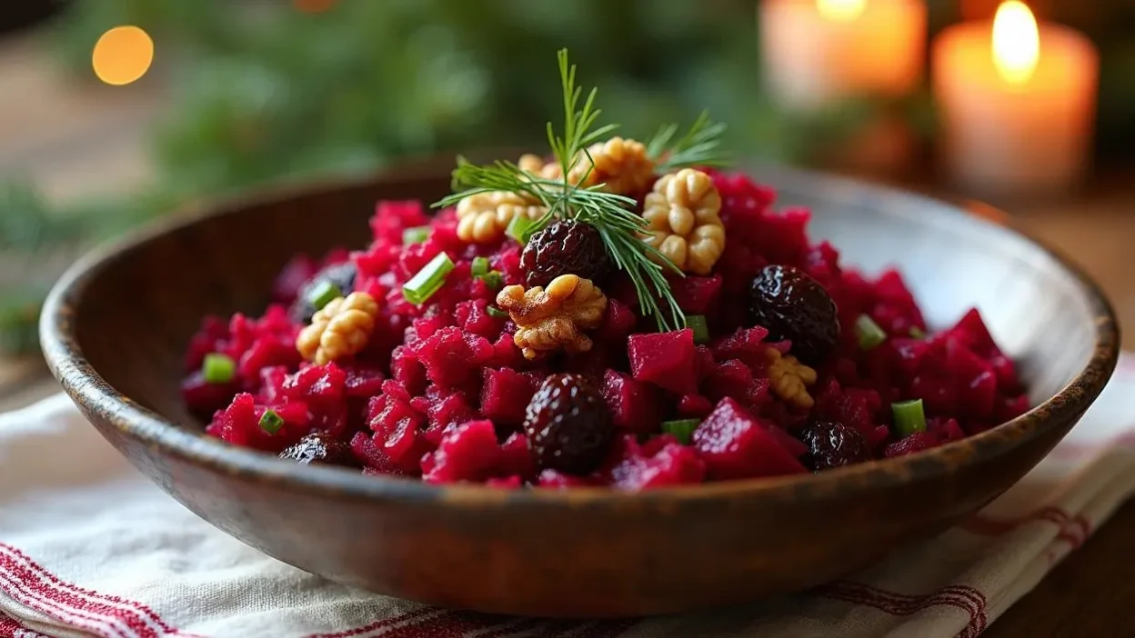Traditional Lithuanian beetroot salad with prunes and walnuts, garnished with fresh dill, served in a rustic bowl on a wooden table with holiday decorations.