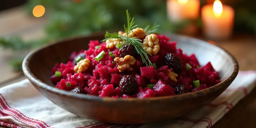 Traditional Lithuanian beetroot salad with prunes and walnuts, garnished with fresh dill, served in a rustic bowl on a wooden table with holiday decorations.