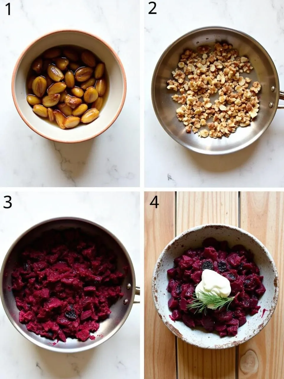 Step-by-step preparation of traditional Lithuanian beetroot salad with prunes, walnuts, and mayonnaise, shown in a bright kitchen setting.