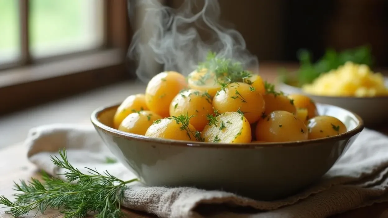 Boiled baby potatoes with butter and fresh dill served in a rustic ceramic bowl on a wooden table – traditional Lithuanian side dish.