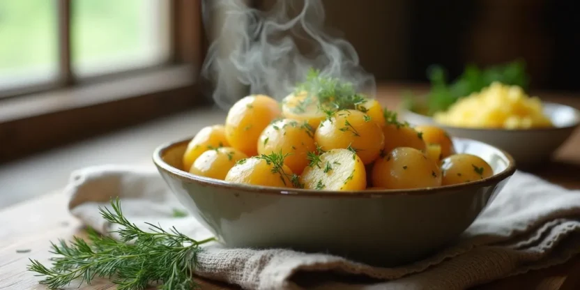 Boiled baby potatoes with butter and fresh dill served in a rustic ceramic bowl on a wooden table – traditional Lithuanian side dish.