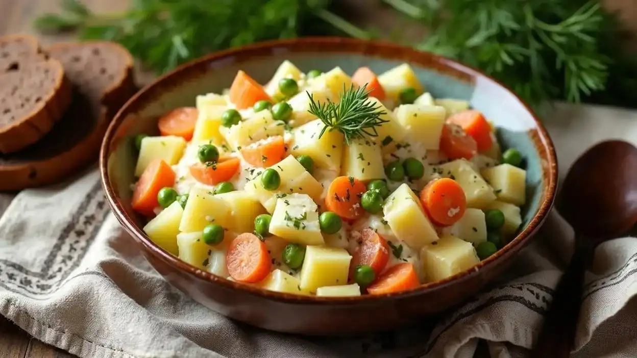 Traditional Lithuanian boiled vegetable salad Balta Mišrainė served in a rustic ceramic bowl with rye bread and dill garnish