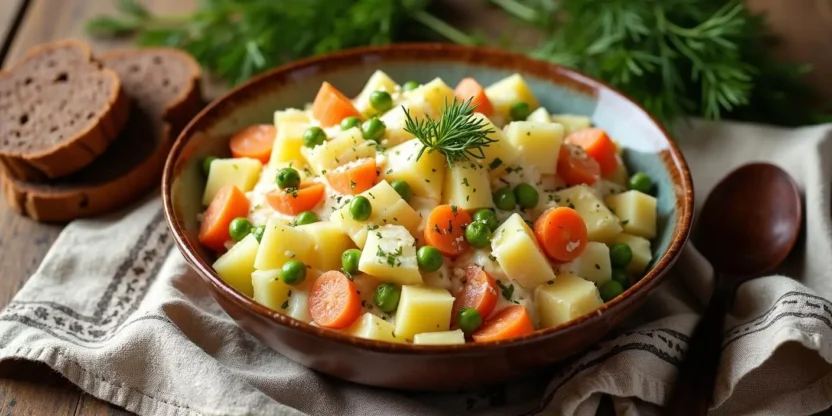 Traditional Lithuanian boiled vegetable salad Balta Mišrainė served in a rustic ceramic bowl with rye bread and dill garnish