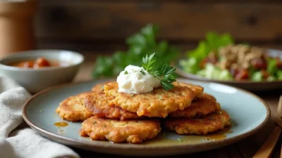 Crispy Lithuanian buckwheat fritters served with sour cream and parsley on a rustic ceramic plate, with bacon-onion sauce and salad in the background.