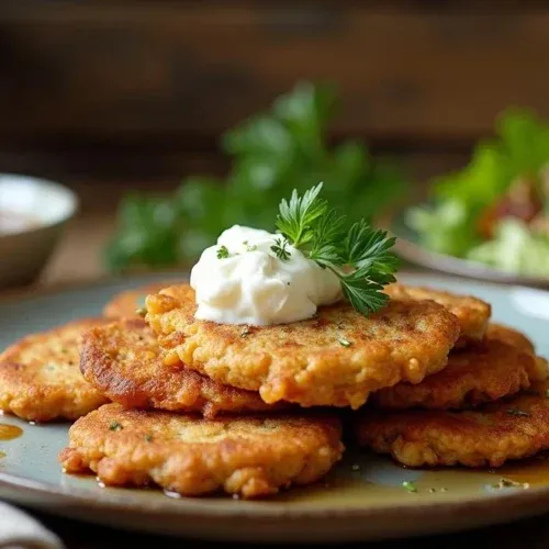 Crispy Lithuanian buckwheat fritters served with sour cream and parsley on a rustic ceramic plate, with bacon-onion sauce and salad in the background.