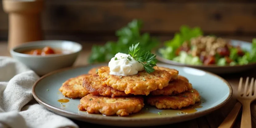 Crispy Lithuanian buckwheat fritters served with sour cream and parsley on a rustic ceramic plate, with bacon-onion sauce and salad in the background.