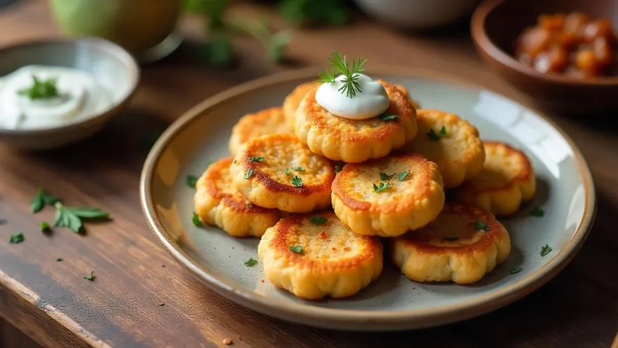 A plate of golden-brown Lithuanian buckwheat fritters served with sour cream and bacon-onion sauce on a rustic wooden table.