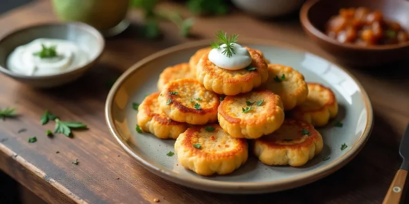 A plate of golden-brown Lithuanian buckwheat fritters served with sour cream and bacon-onion sauce on a rustic wooden table.