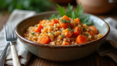 A bowl of Lithuanian buckwheat side dish with sautéed vegetables and tomato sauce, garnished with fresh herbs, served in a rustic ceramic bowl on a wooden table.