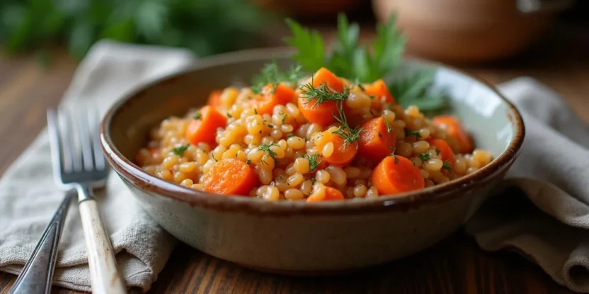 A bowl of Lithuanian buckwheat side dish with sautéed vegetables and tomato sauce, garnished with fresh herbs, served in a rustic ceramic bowl on a wooden table.