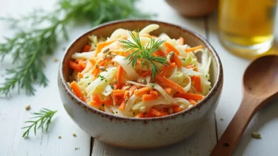 Top view of Lithuanian cabbage and carrot salad in a rustic bowl, garnished with dill and sunflower seeds, served on a wooden table with natural lighting.