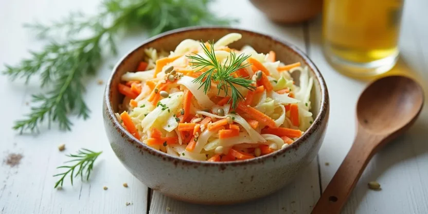 Top view of Lithuanian cabbage and carrot salad in a rustic bowl, garnished with dill and sunflower seeds, served on a wooden table with natural lighting.
