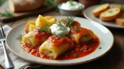 Traditional Lithuanian cabbage rolls (Balandėliai) served with potatoes, tomato sauce, and sour cream on a rustic plate, garnished with fresh dill.