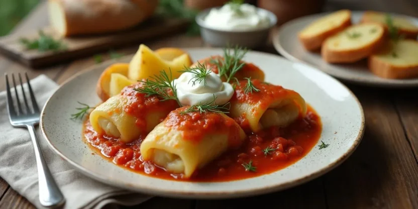 Traditional Lithuanian cabbage rolls (Balandėliai) served with potatoes, tomato sauce, and sour cream on a rustic plate, garnished with fresh dill.