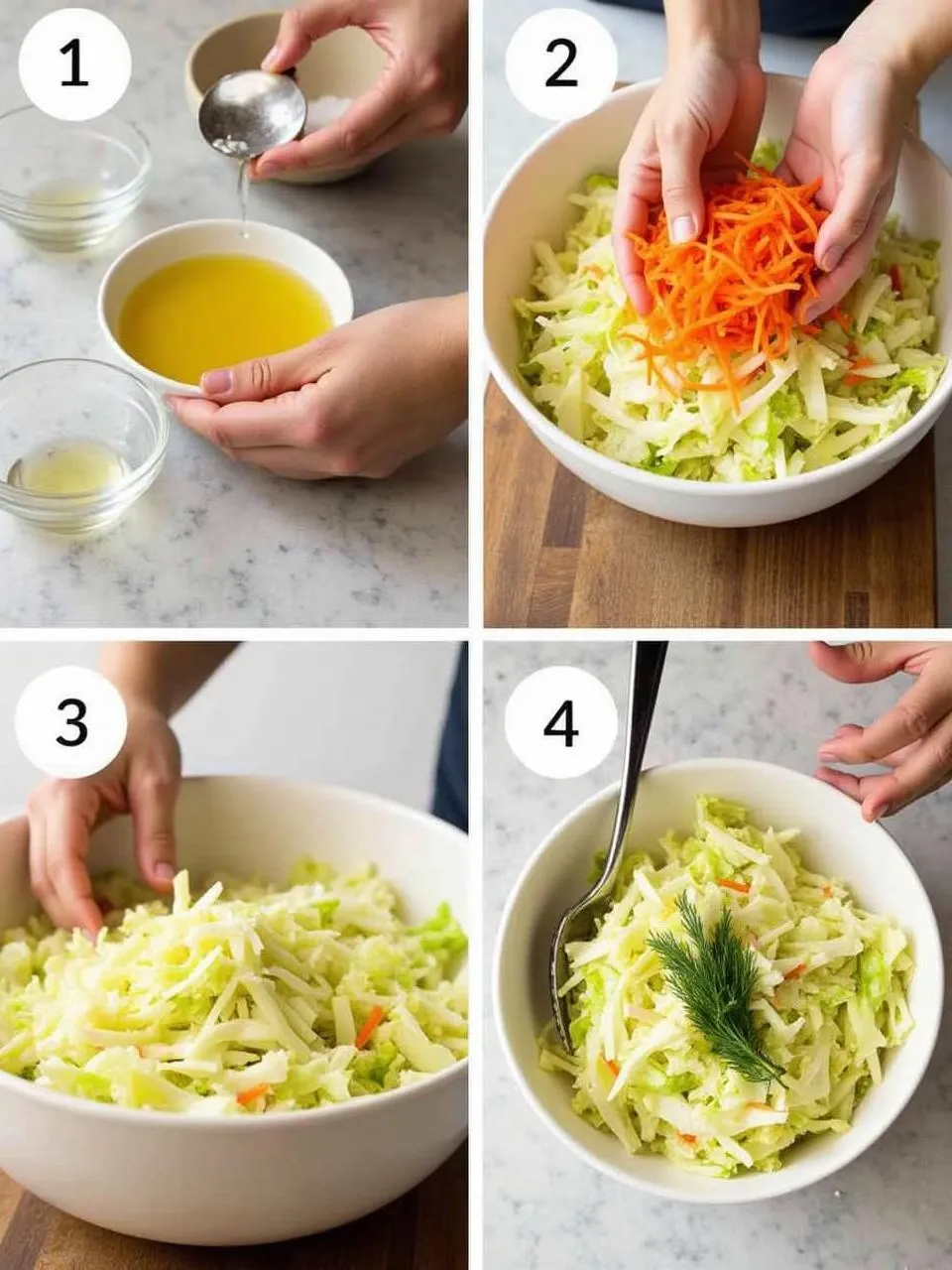 Step-by-step photos showing how to make Lithuanian cabbage and carrot salad without mayo, from mixing the dressing to tossing the finished salad.