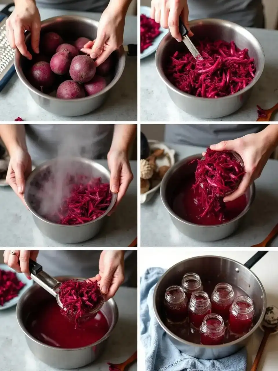 Step-by-step process of making and canning Lithuanian shredded pickled beets, from boiling and grating to sealing in jars