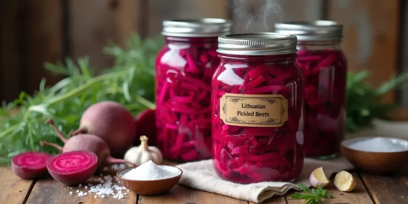 Homemade Lithuanian canned shredded beetroot in glass jars on a wooden table with fresh beets and spices