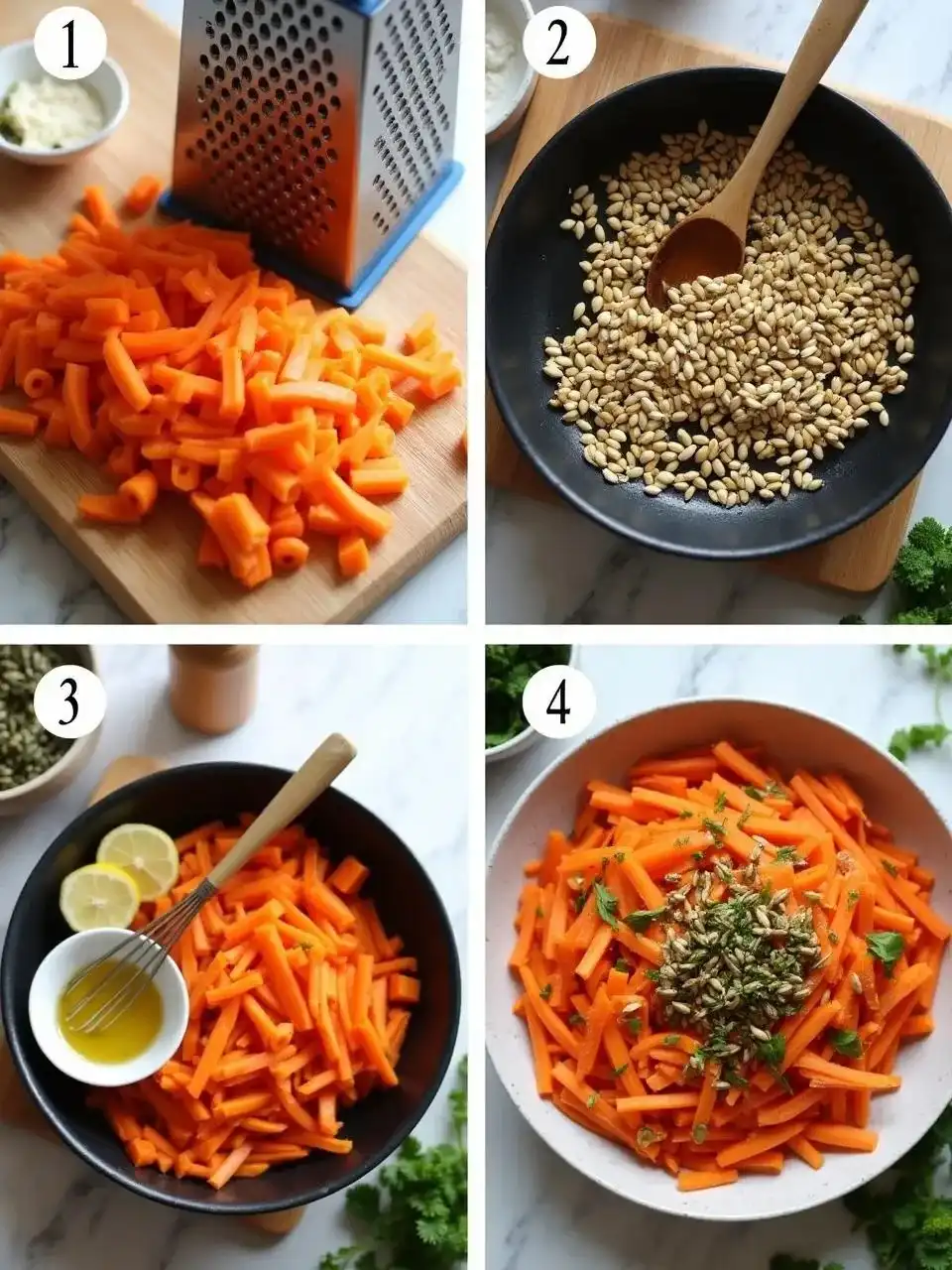 Step-by-step process of making Lithuanian Carrot Salad with sunflower seeds, from grating carrots to tossing with lemon dressing and garnishing