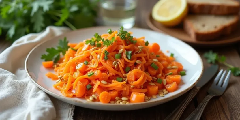 Traditional Lithuanian Carrot Salad with toasted sunflower seeds and lemon dressing served in a white bowl, garnished with fresh herbs