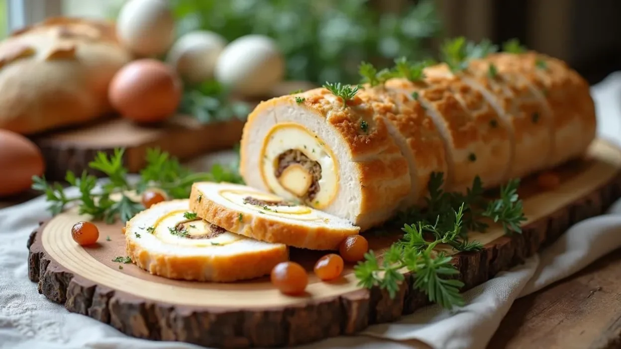 Sliced chicken roulade with apricots on a wooden board, served as a traditional Lithuanian Easter dish with festive table decor in the background.