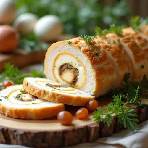 Sliced chicken roulade with apricots on a wooden board, served as a traditional Lithuanian Easter dish with festive table decor in the background.