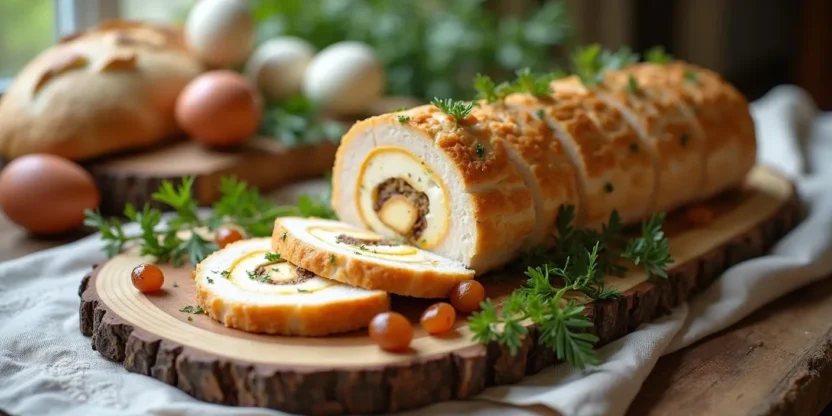 Sliced chicken roulade with apricots on a wooden board, served as a traditional Lithuanian Easter dish with festive table decor in the background.