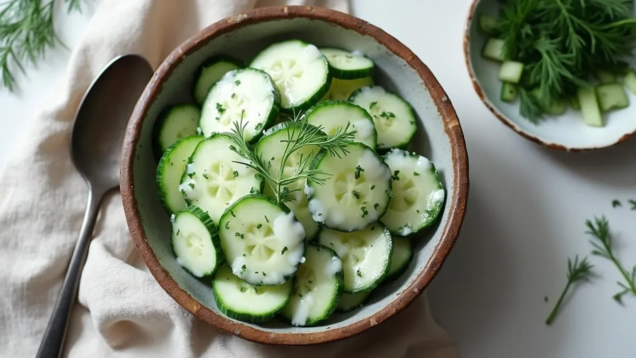 Overhead view of Lithuanian cucumber salad in a rustic bowl, with sour cream and fresh dill dressing, surrounded by fresh herbs and cucumber slices.