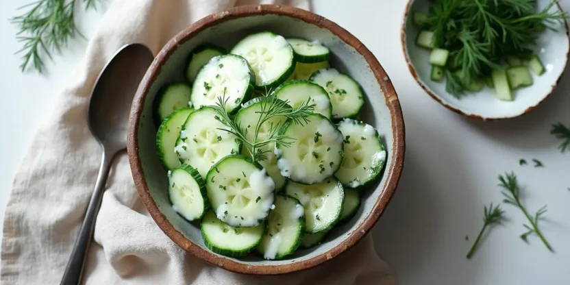 Overhead view of Lithuanian cucumber salad in a rustic bowl, with sour cream and fresh dill dressing, surrounded by fresh herbs and cucumber slices.